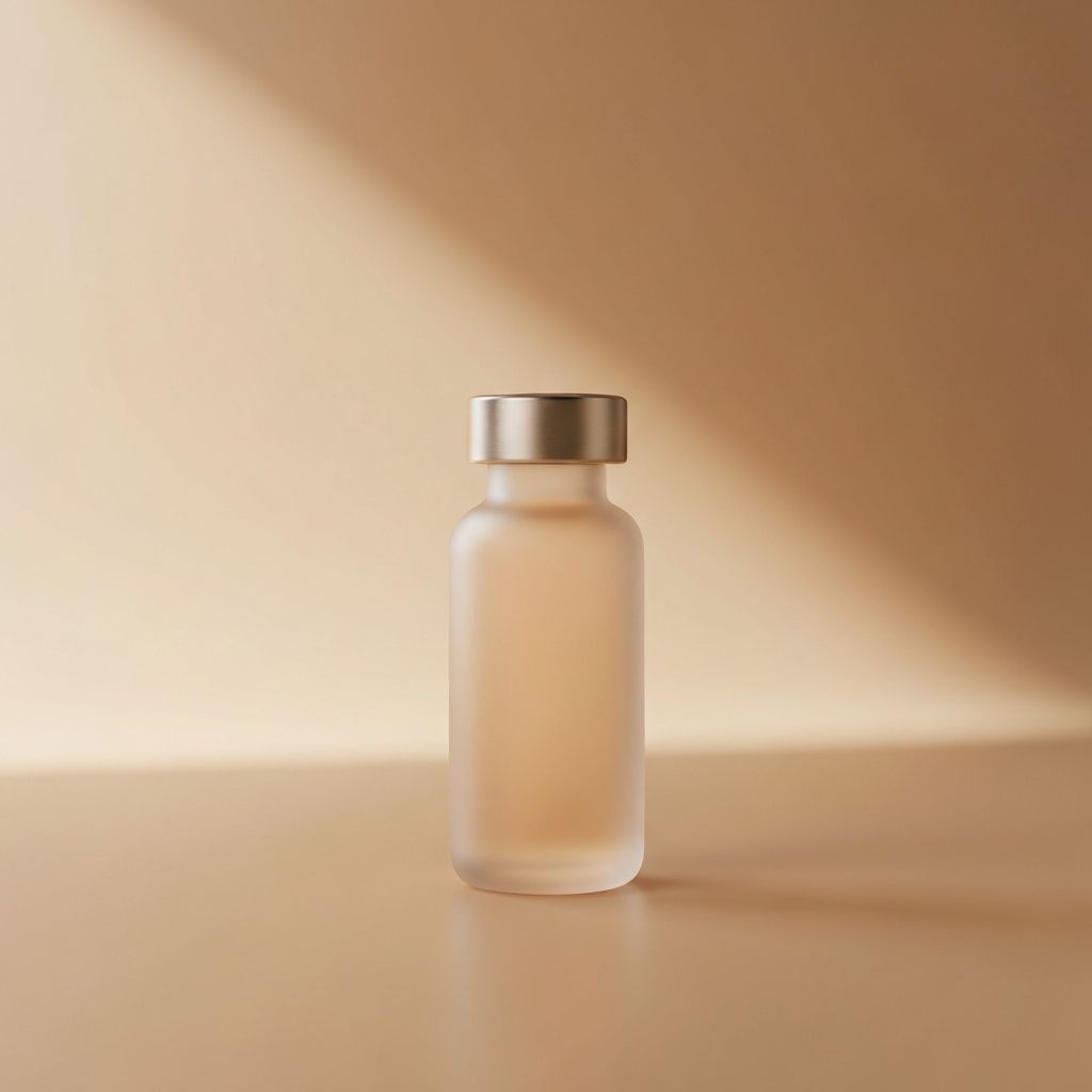 Frosted sand-beige compounded semaglutide vial on a warm gradient background