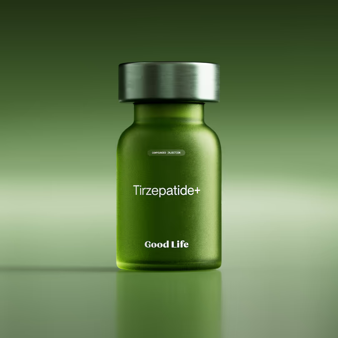 Good Life Tirzepatide+ frosted green vial with brushed silver cap