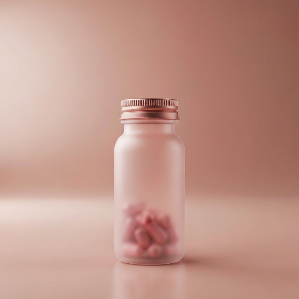 Frosted dusty-rose Layla sertraline bottle on a soft blush gradient