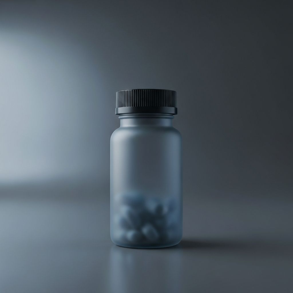 Frosted slate-charcoal Locklab finasteride bottle on a cool gray gradient