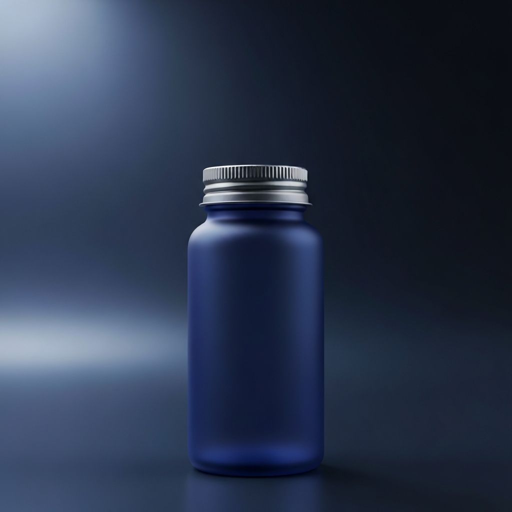 Frosted midnight-navy Mojoon sildenafil bottle on a deep navy gradient