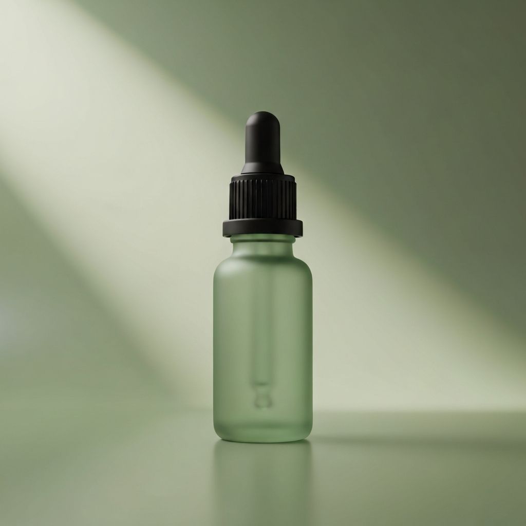 Frosted sage-green Yucca dropper bottle on a desert green gradient